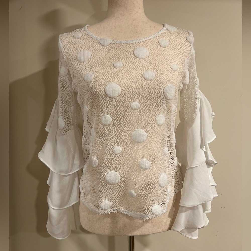 UPS & DOWNS - Women's Sz S Retro White Mesh w/ Puff Dots, Ruffle Sleeve Shirt